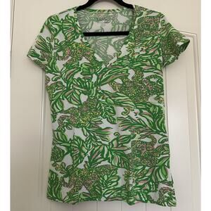 Lilly Pulitzer Michelle V-neck TShirt Medium Seeing Pink Elephants Top Green $68